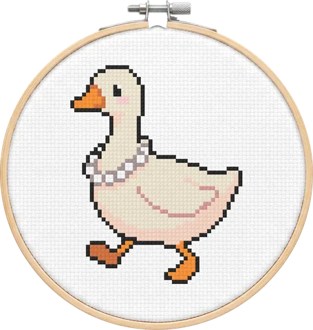 Pearl Goose cross-stitch pattern, stitched in a hoop