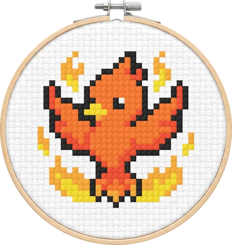 Phoenix cross-stitch pattern, stitched in a hoop