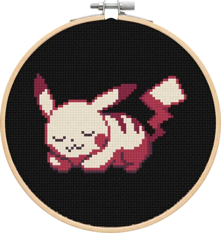 Pikachu cross-stitch pattern, stitched in a hoop