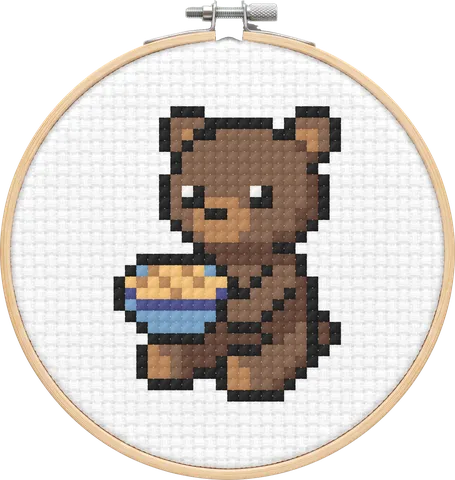 Porridge Bear cross-stitch pattern, stitched in a hoop