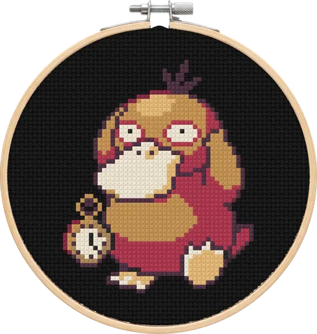 Psyduck cross-stitch pattern, stitched in a hoop