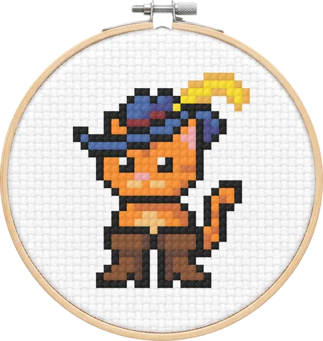 Puss in Boots cross-stitch pattern, stitched in a hoop