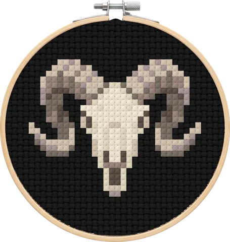 Ram Skull cross-stitch pattern, stitched in a hoop