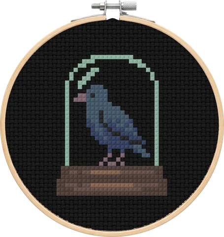 Raven Bell Jar cross-stitch pattern, stitched in a hoop