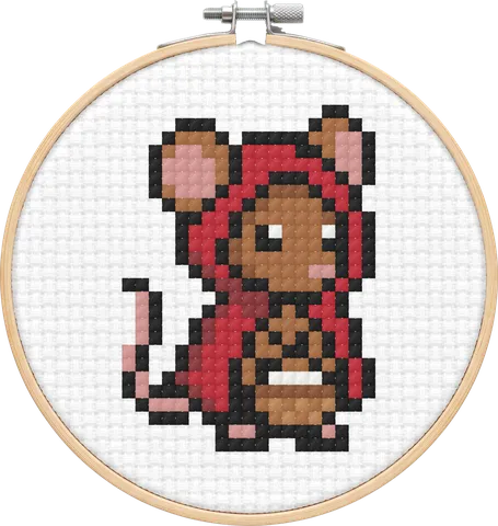 Red Riding Hood Mouse cross-stitch pattern, stitched in a hoop