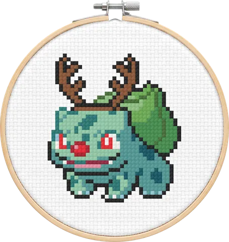 Reindeer Bulbasaur cross-stitch pattern, stitched in a hoop