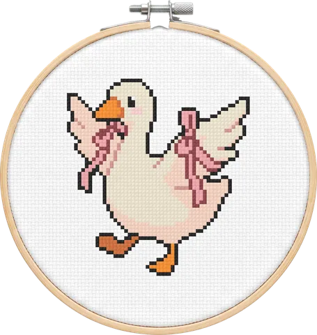 Ribbon Goose cross-stitch pattern, stitched in a hoop
