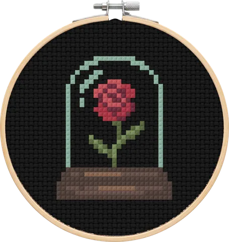 Rose Bell Jar cross-stitch pattern, stitched in a hoop
