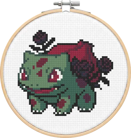Rose Bulbasaur cross-stitch pattern, stitched in a hoop