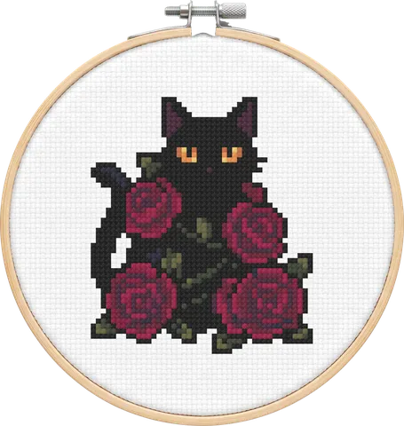 Rose Cat cross-stitch pattern, stitched in a hoop