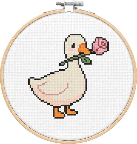 Rose Goose cross-stitch pattern, stitched in a hoop