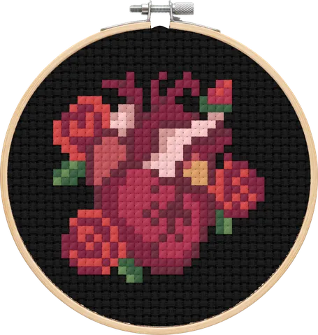 Rose Heart cross-stitch pattern, stitched in a hoop