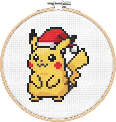 Santa Pikachu cross-stitch pattern, stitched in a hoop