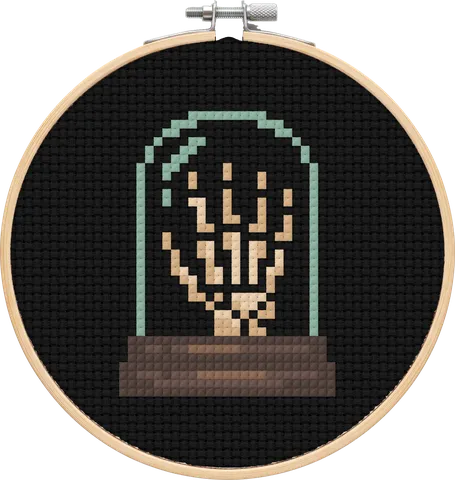 Skeleton Hand cross-stitch pattern, stitched in a hoop