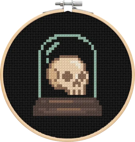 Skull Bell Jar cross-stitch pattern, stitched in a hoop