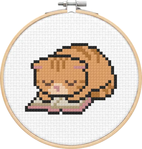 Sleepy Ginger Cat cross-stitch pattern, stitched in a hoop