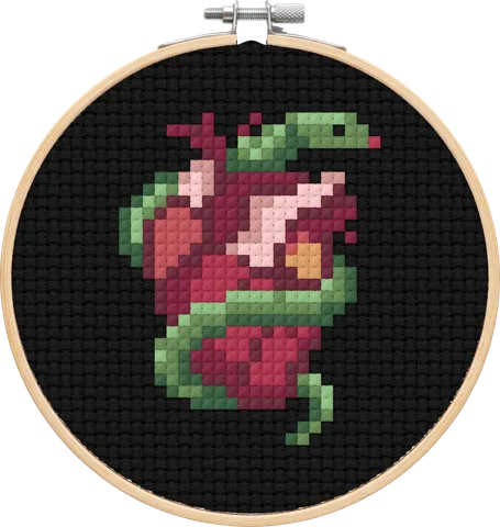Snake Heart cross-stitch pattern, stitched in a hoop