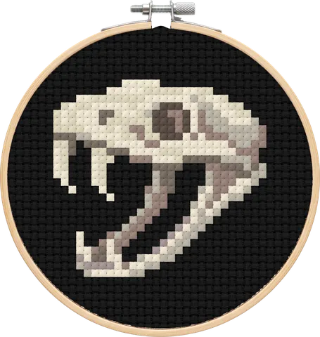 Snake Skull cross-stitch pattern, stitched in a hoop