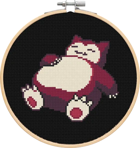 Snorlax cross-stitch pattern, stitched in a hoop
