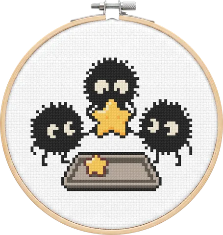 Soot Sprites cross-stitch pattern, stitched in a hoop