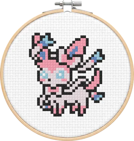 Sylveon cross-stitch pattern, stitched in a hoop