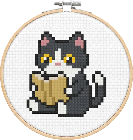 Tuxedo Cat cross-stitch pattern, stitched in a hoop