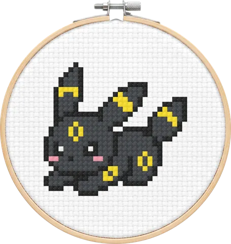 Umbreon cross-stitch pattern, stitched in a hoop