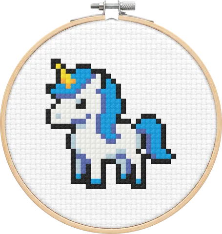 Unicorn cross-stitch pattern, stitched in a hoop