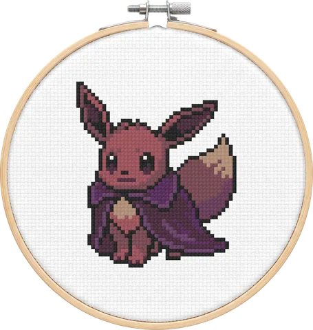 Vampire Eevee cross-stitch pattern, stitched in a hoop
