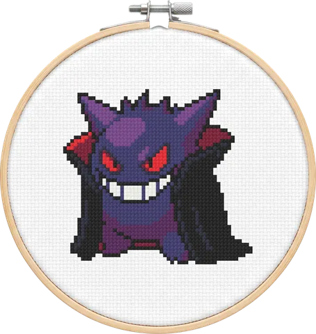 Vampire Gengar cross-stitch pattern, stitched in a hoop