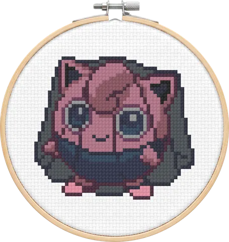 Vampire Jigglypuff cross-stitch pattern, stitched in a hoop