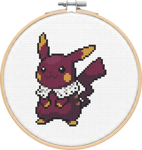 Vampire Pikachu cross-stitch pattern, stitched in a hoop