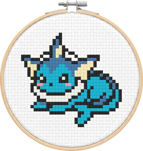 Vaporeon cross-stitch pattern, stitched in a hoop