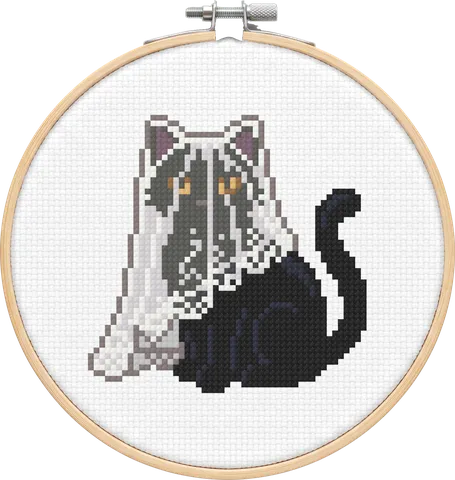 Veil Cat cross-stitch pattern, stitched in a hoop