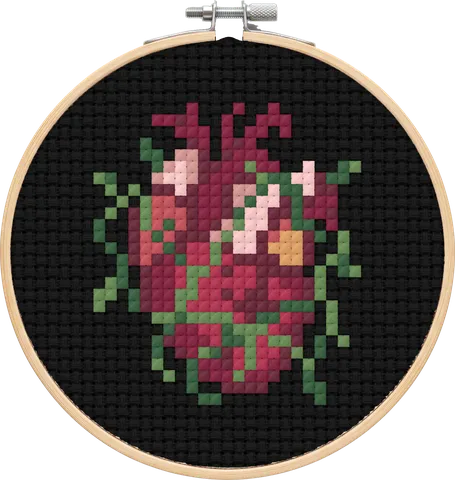 Vine Heart cross-stitch pattern, stitched in a hoop