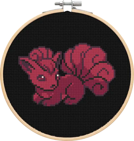 Vulpix cross-stitch pattern, stitched in a hoop