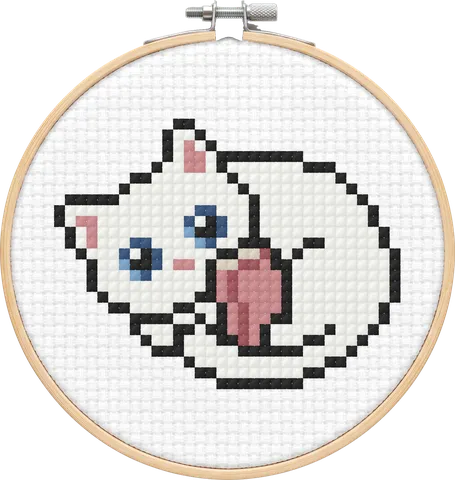 White Cat cross-stitch pattern, stitched in a hoop
