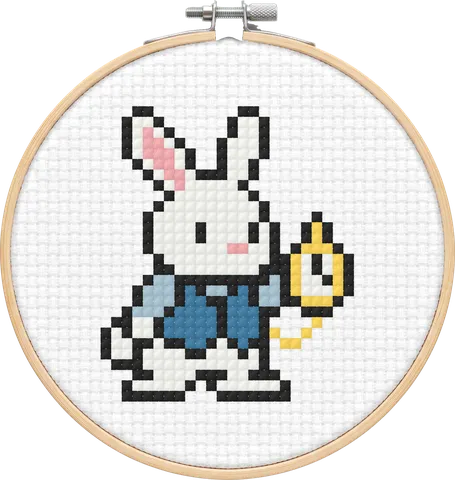 White Rabbit cross-stitch pattern, stitched in a hoop
