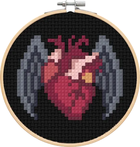 Winged Heart cross-stitch pattern, stitched in a hoop