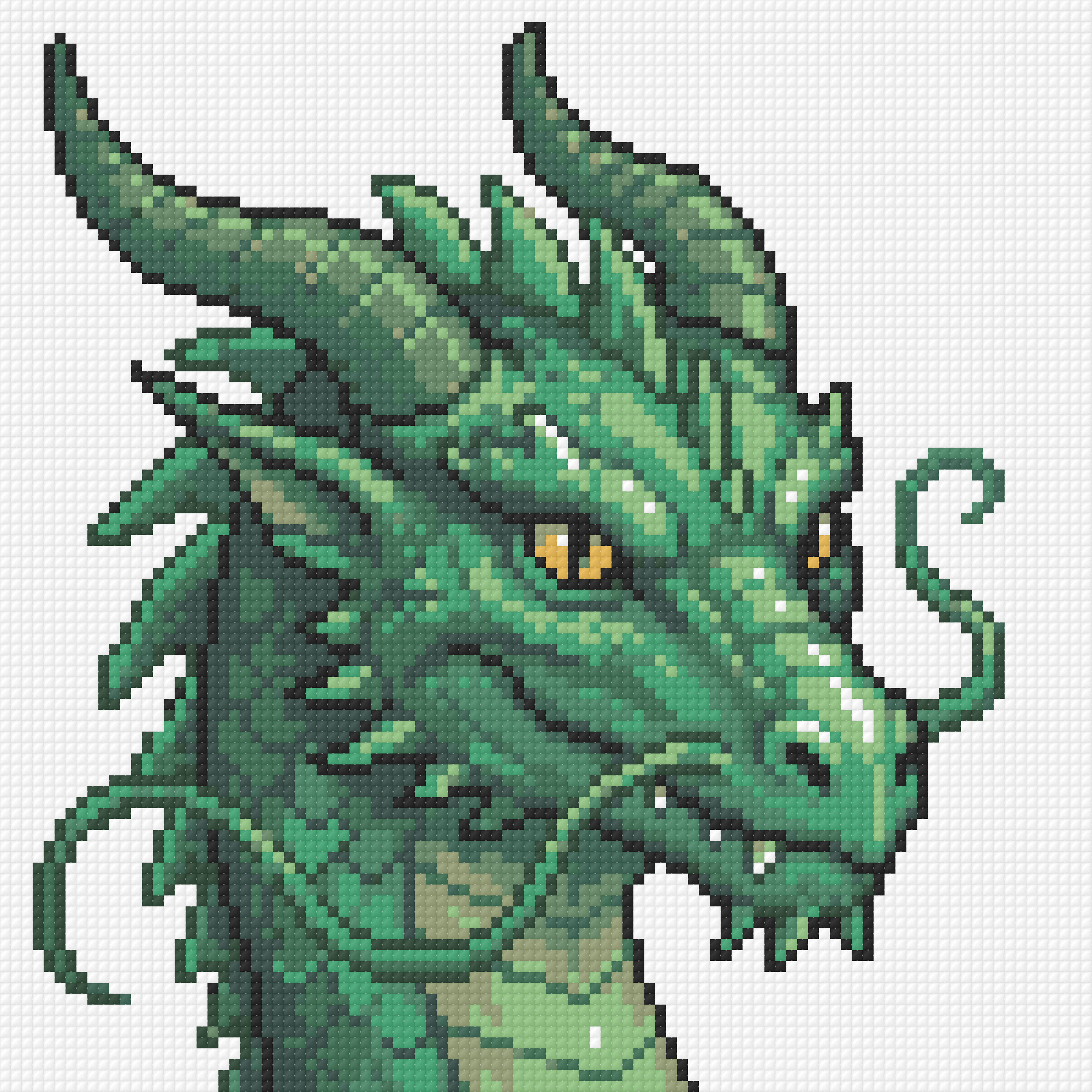 The same dragon made in FellowStitch: flat greens with a dark outline and bare fabric around it.